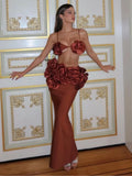 Brown Black White Women Sexy Halter Florals Strap Bodycon 2 Pieces Bandage Dress Celebrate Nightclub Party Photo Shoot Wear