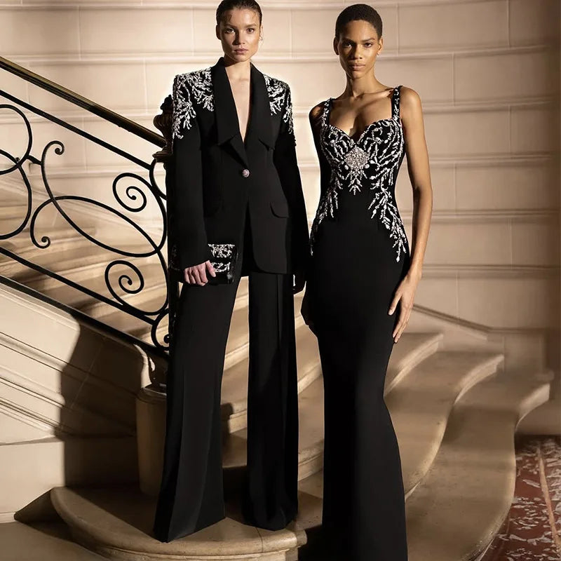 Black Color Celebrity Fashion Red Carpet Evening Dress Women Sleeveless Strap Shinning Crystal Bodycon Long Bandage Maxi Dress