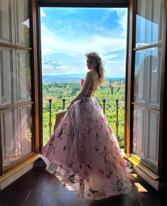 Amanda Pink Floral Print vestidos de noche Side High Split Tulle Prom Dresses Elegant Sleeveless Floor-Length Formal Evening