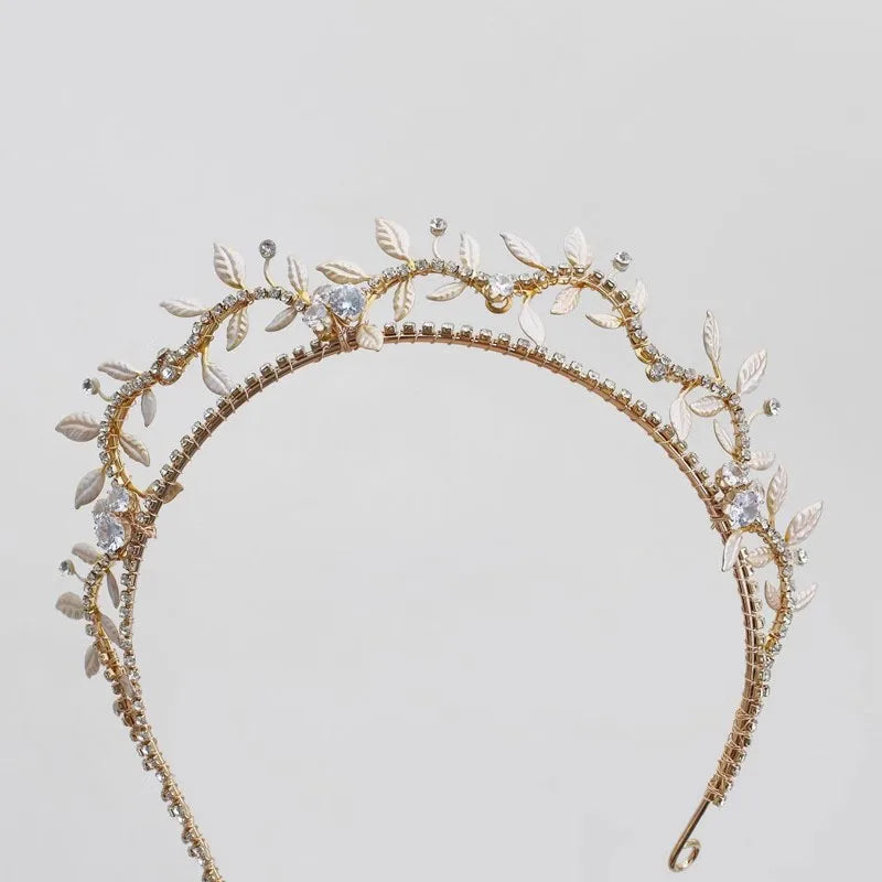 Vintage Gold Color Headband Headpiece Leaf Tiara Crown For Bride Women Crystal Headdress Wedding Accessories Bridal Hair Jewelry
