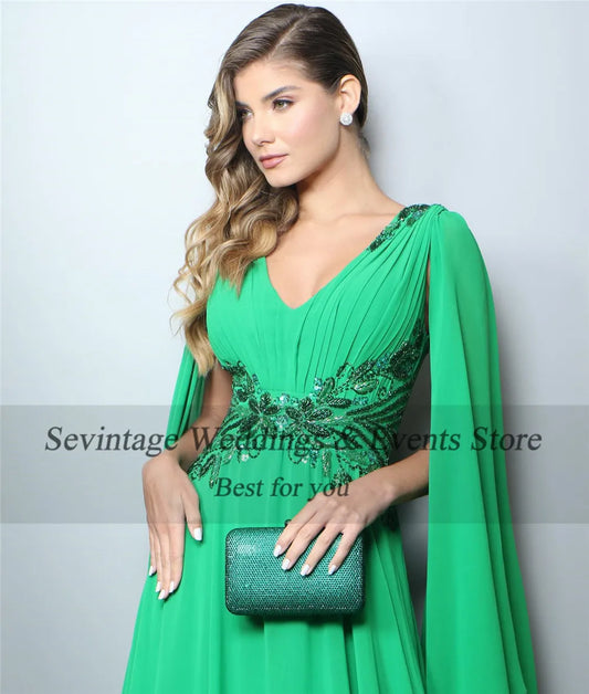 Elegant Green A-Line Prom Dress V-Neck Long Cape Sleeve Sequineds Ruched Floor Length Evening Dress robes de soirée