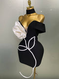 Women Sexy Off Shoulder White Flower Black Mini Bodycon Bandage Dress Luxury Celebrity Evening Club Elegant Party Gowns