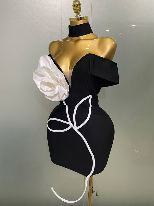 Women Sexy Off Shoulder White Flower Black Mini Bodycon Bandage Dress Luxury Celebrity Evening Club Elegant Party Gowns