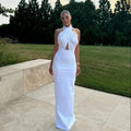 Long Ribbon Sexy V-Neck Sleeveless Halter White Mini Ankle length Woman Birthday Party Dress Celebrity Evening Party Outfit