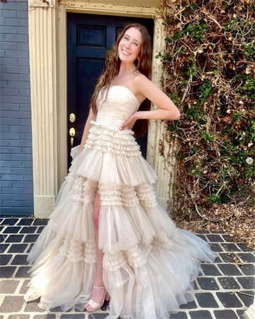 Amanda Strapless A-line Ivory Shiny Multilayer Prom Dress with Side Split As Picture