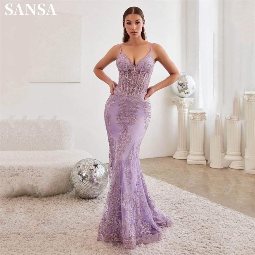 Sexy Sequins Lace فساتين السهرة Embroidery Fishtail Vestidos De Noche Romantic Spaghetti Strap Mermaid Prom Dresses