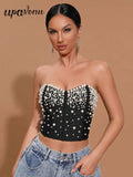 Spring Sexy Women Light Luxury Nail Bead Design Bandage Tank Top Strapless Sleeveless Backless Hooded Ultra Short Tank Top