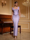 Women Celebrity Sexy O Neck Ruffles Purple Beading Maxi Long Bodycon Bandage Dress Elegant Evening Club Party Dress