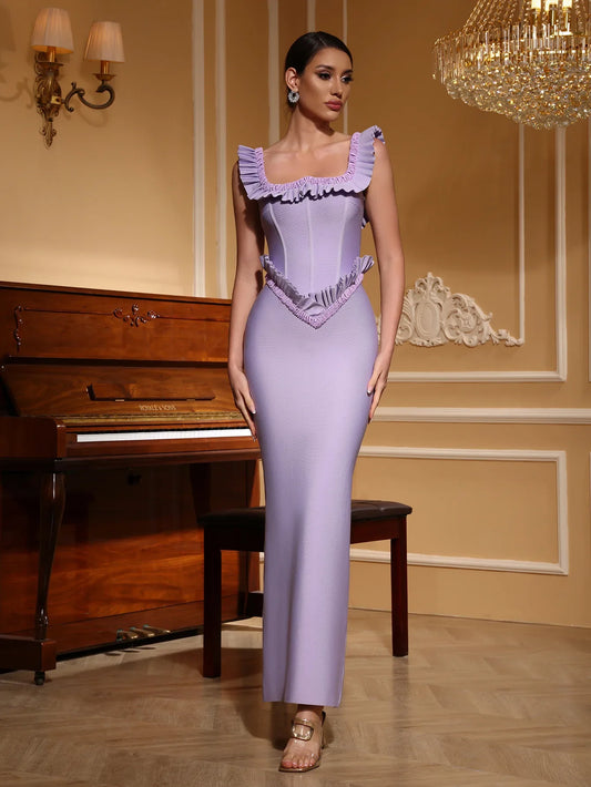 Women Celebrity Sexy O Neck Ruffles Purple Beading Maxi Long Bodycon Bandage Dress Elegant Evening Club Party Dress