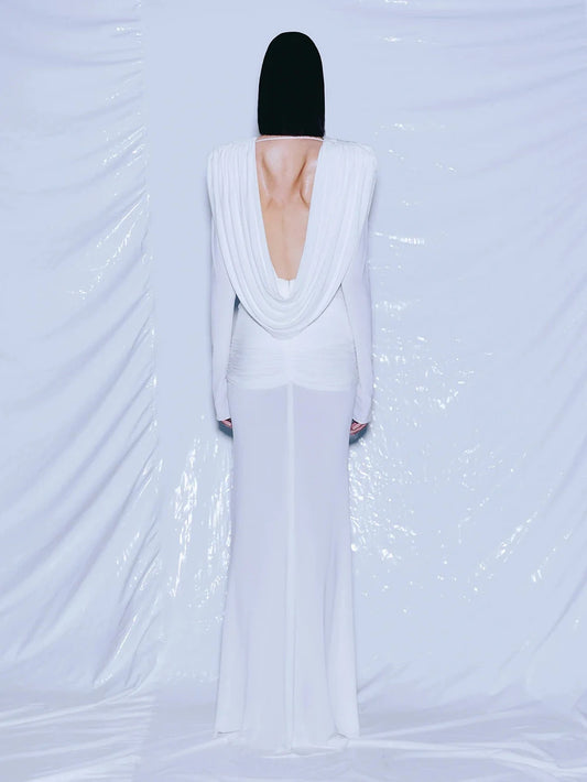 Elegant Solid Draped V-neck Long sleeves Maxi Dress Women White Sexy Backless Backless Evening Party Wedding Gowns Female