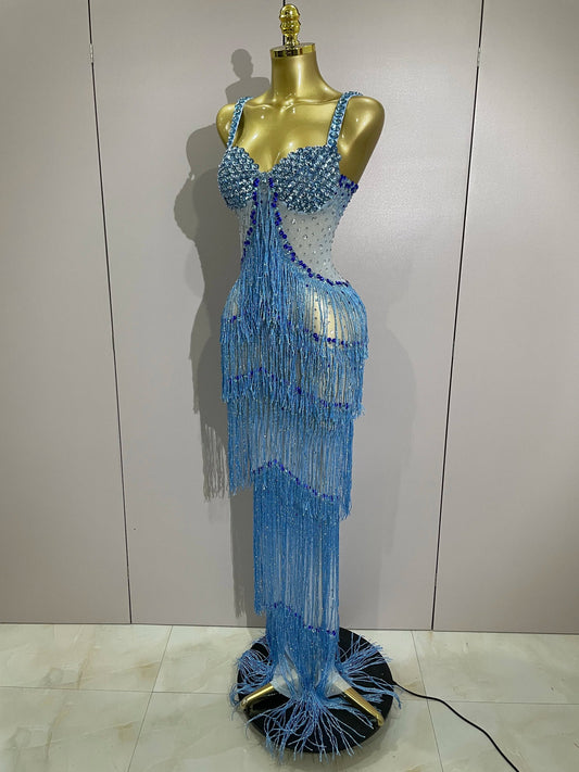 Sparkly Rhinestones Tassel sexy Mesh Slip Long Dress Women Celebrate Evening Prom Birthday paty Dress Photoshoot Stage Wear