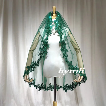 Single-Layer Dark Green Veil Sequin Lace Appliqué & Metal Comb, Personalized Choice – Distinctive Wedding Style Dark Green