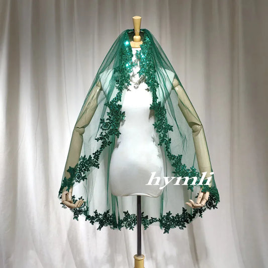 Single-Layer Dark Green Veil Sequin Lace Appliqué & Metal Comb, Personalized Choice – Distinctive Wedding Style Dark Green