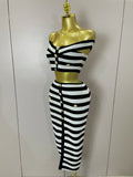 Sexy Off Shoulder Striped Button Two Piece Mini Bandage Set Women Celebrity Designer Evening Party Luxury Birthday Outfit