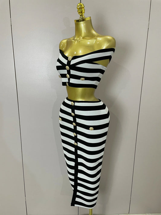 Sexy Off Shoulder Striped Button Two Piece Mini Bandage Set Women Celebrity Designer Evening Party Luxury Birthday Outfit