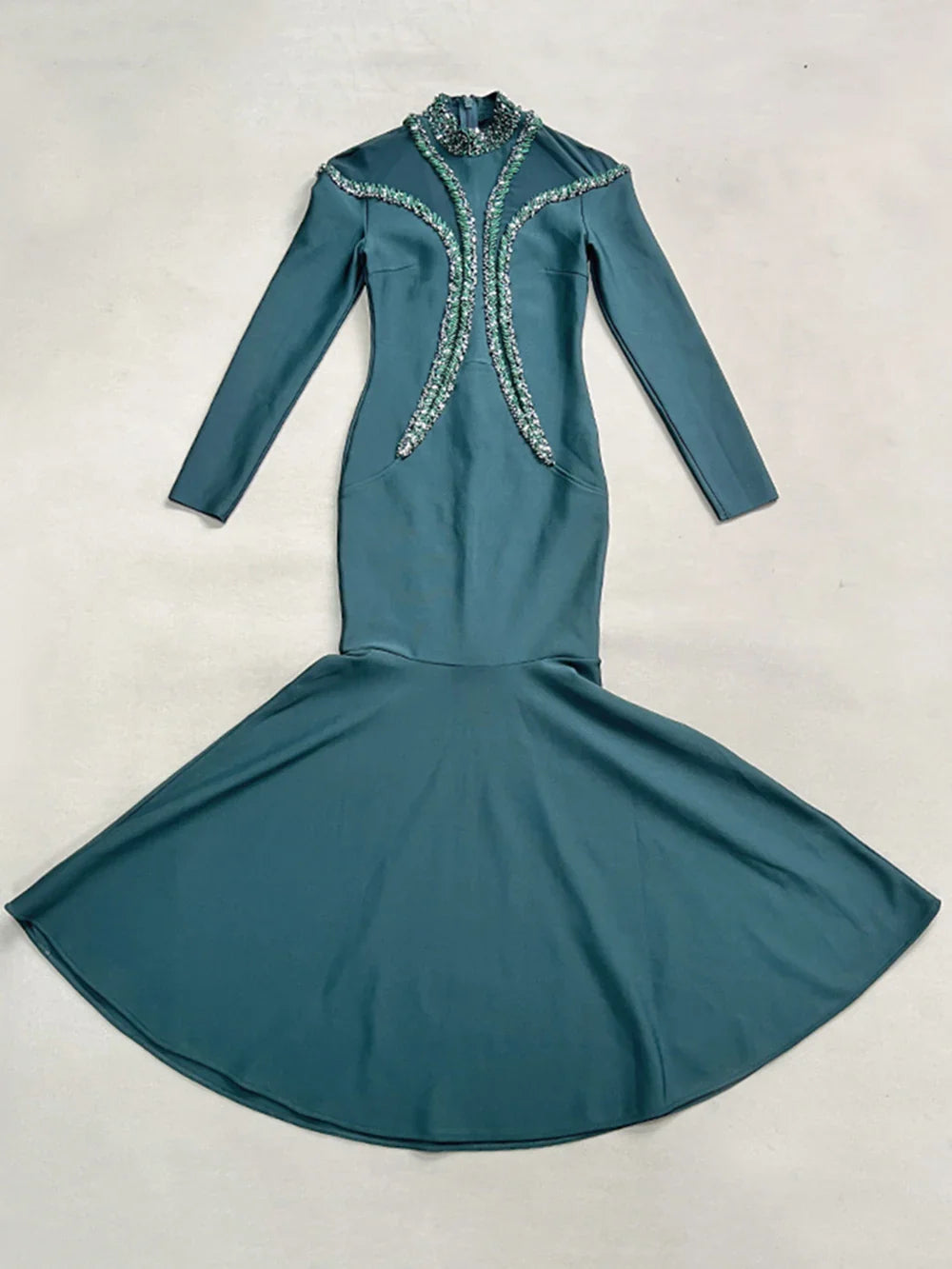 Newest Fashion Designer Party Vestido Women'S Diamonds Mesh Long Sleeves Bodycon Mermaid Long Maxi Dress