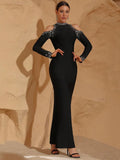 Elegant Women's Light Luxury Hot Diamond Bandage Dress O-neck Long Sleeve Hollow Design Bodycon Black Long Dresses Vestidos