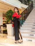 Winter Women Long Sleeve Red Florals Bodycon Long Bandage Dress Celebrate Evening Party Birthday Fashion Dress