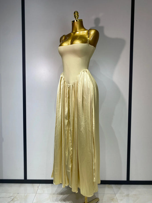 Women Sexy Strap Chain Sleeveless Long Dress Fashion Slimming Hundred Fold Dresses Elegant Evening Party Wedding Guest Gowns