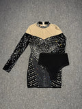 Women Long Sleeve Sexy Shinning Rhienstones Bodycon Mini Bandage Dress Nightclub Party Club Singer Celebrate Performance Costume
