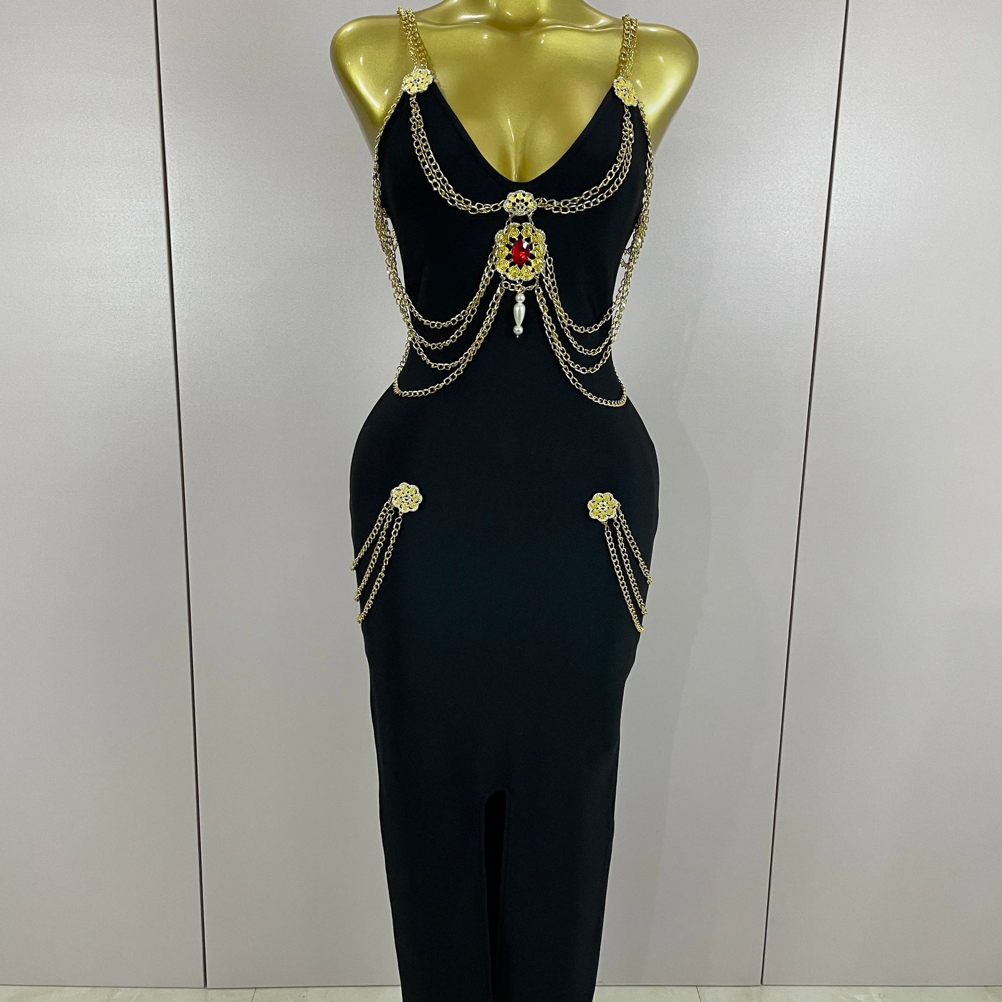 Black Chain Spaghetti Strap V-Neck Split Bandage Dress Bodycon Celebrity Club Party Long Dress Vestidos black