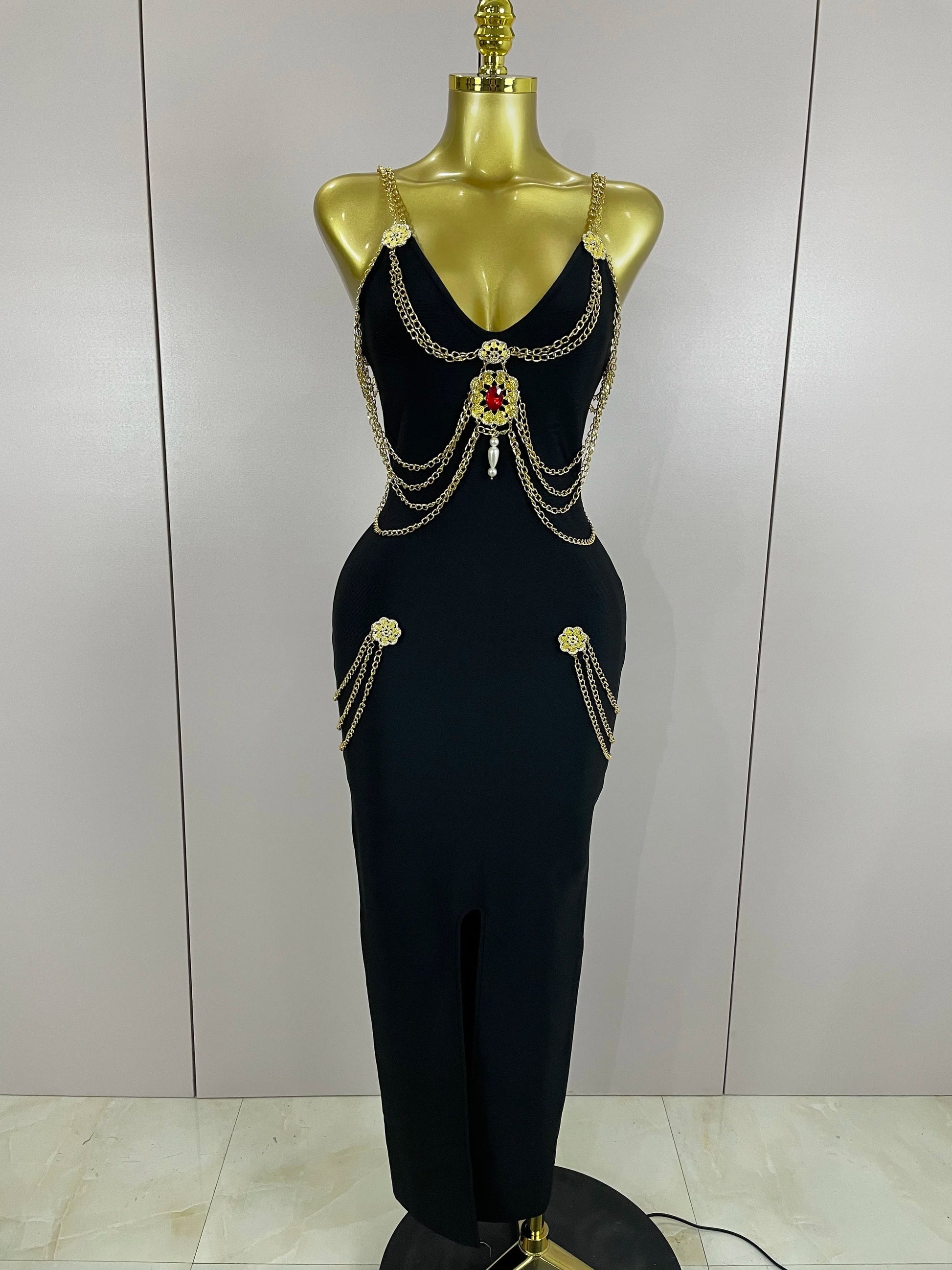 Black Chain Spaghetti Strap V-Neck Split Bandage Dress Bodycon Celebrity Club Party Long Dress Vestidos black