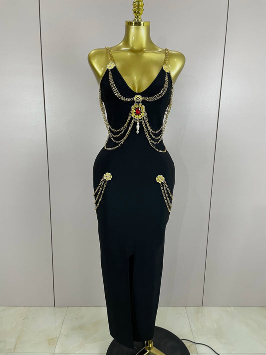 Black Chain Spaghetti Strap V-Neck Split Bandage Dress Bodycon Celebrity Club Party Long Dress Vestidos black