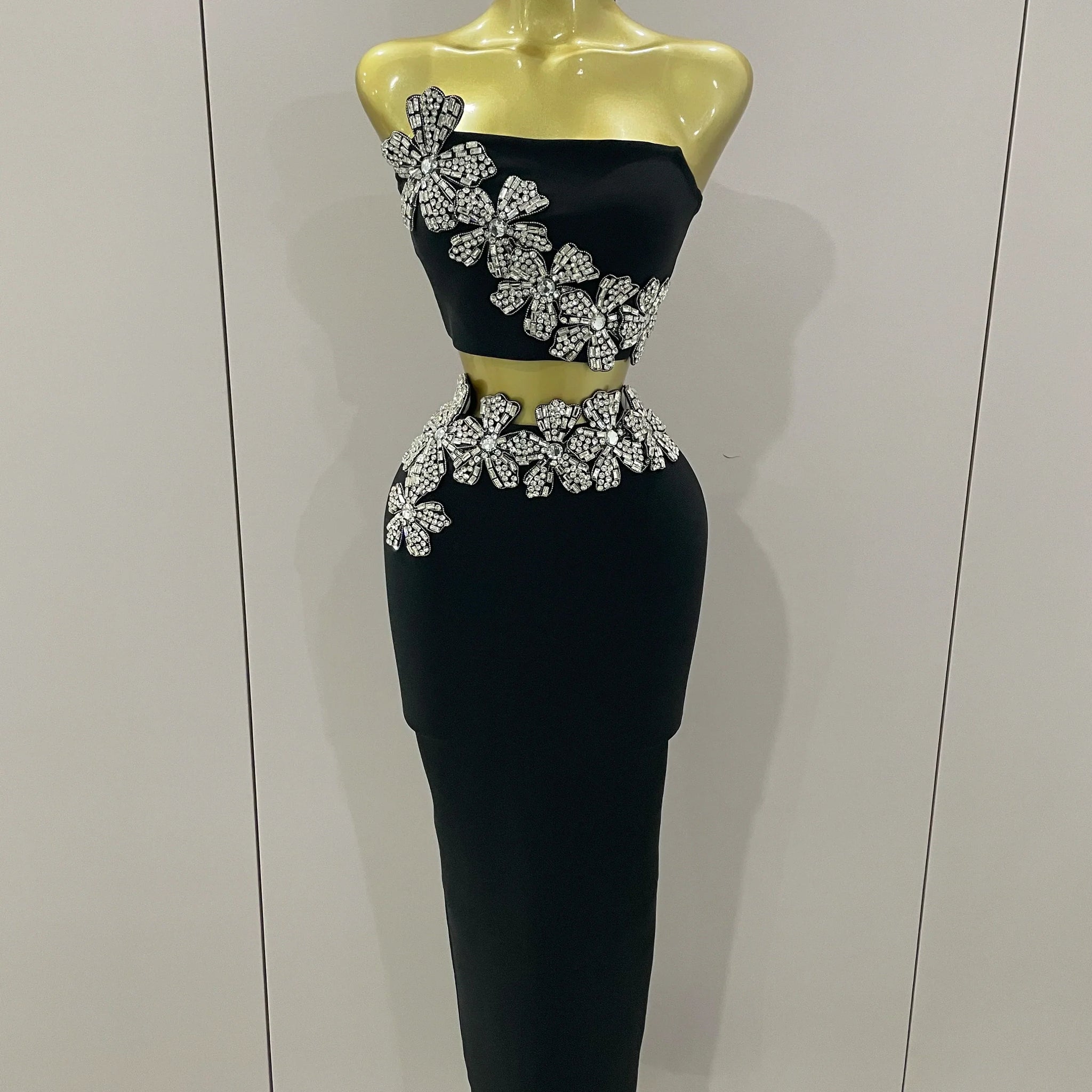 Sexy Strapless Flower Diamonds Black Maxi Long Bandage Two Piece Set Women Knitted Elegant Evening Club Party Prom Gowns black