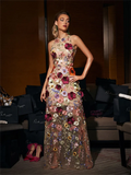 Flower Lace Embroidery Prom Dresses Crew-neck Evening Dress Elegant Sleeveless A-line Two Layers Party vestidos de fiesta
