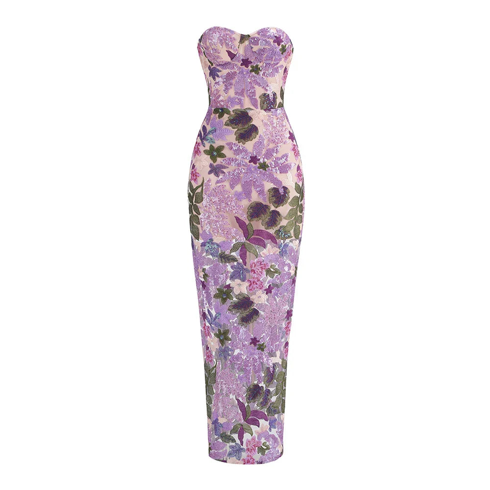 Sequin Flowers Embroidery Sexy Mesh See Through Strapless Ankle Length Dress Elegant Woman Evening Dress Celebrity Party Outfit