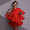 Solid Spliced Button Slimming Mini Dresses For Women O Neck Long Sleeve High Waist Patchwork Ruffles Female Fashion New 2025 Pink