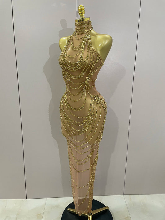 Luxury Sparkly Gold Rhinestone Sexy Transparent Mesh Long Dress Women Birthday Party Gown Stage Singer Performance Costume
