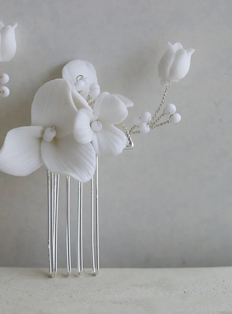 Porcelain Flower Hair Comb Pin Clip Gold Silver Color Head Piece Brides Bridesmaids Hairpin Wedding Accessories Bridal Jewelry silver color