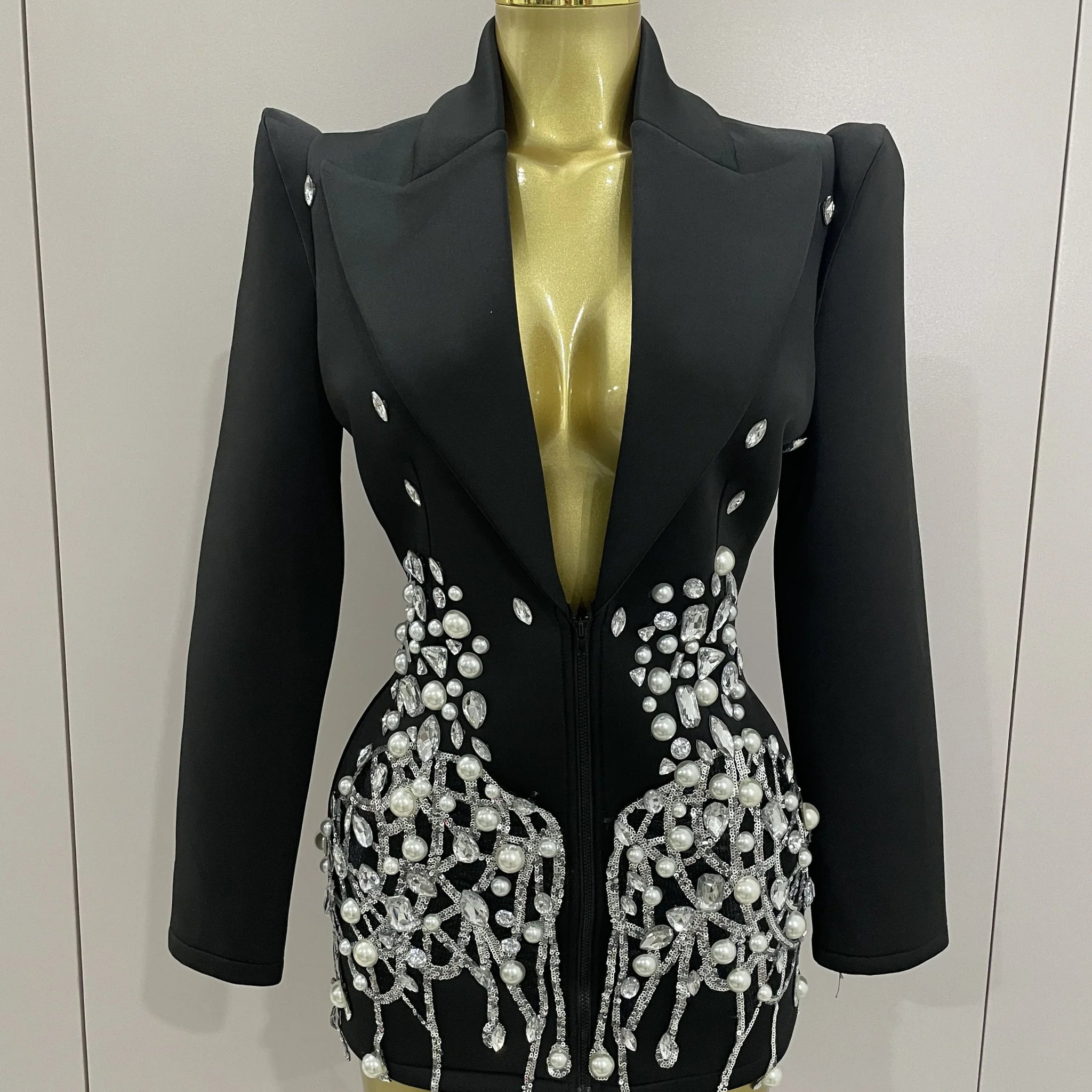 Sparkly Crystal Chains Pearls Long Sleeve Mini Dress Women Birthday Evening Party Nightclub Outfit Singer Wedding Costume black