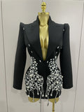 Sparkly Crystal Chains Pearls Long Sleeve Mini Dress Women Birthday Evening Party Nightclub Outfit Singer Wedding Costume black
