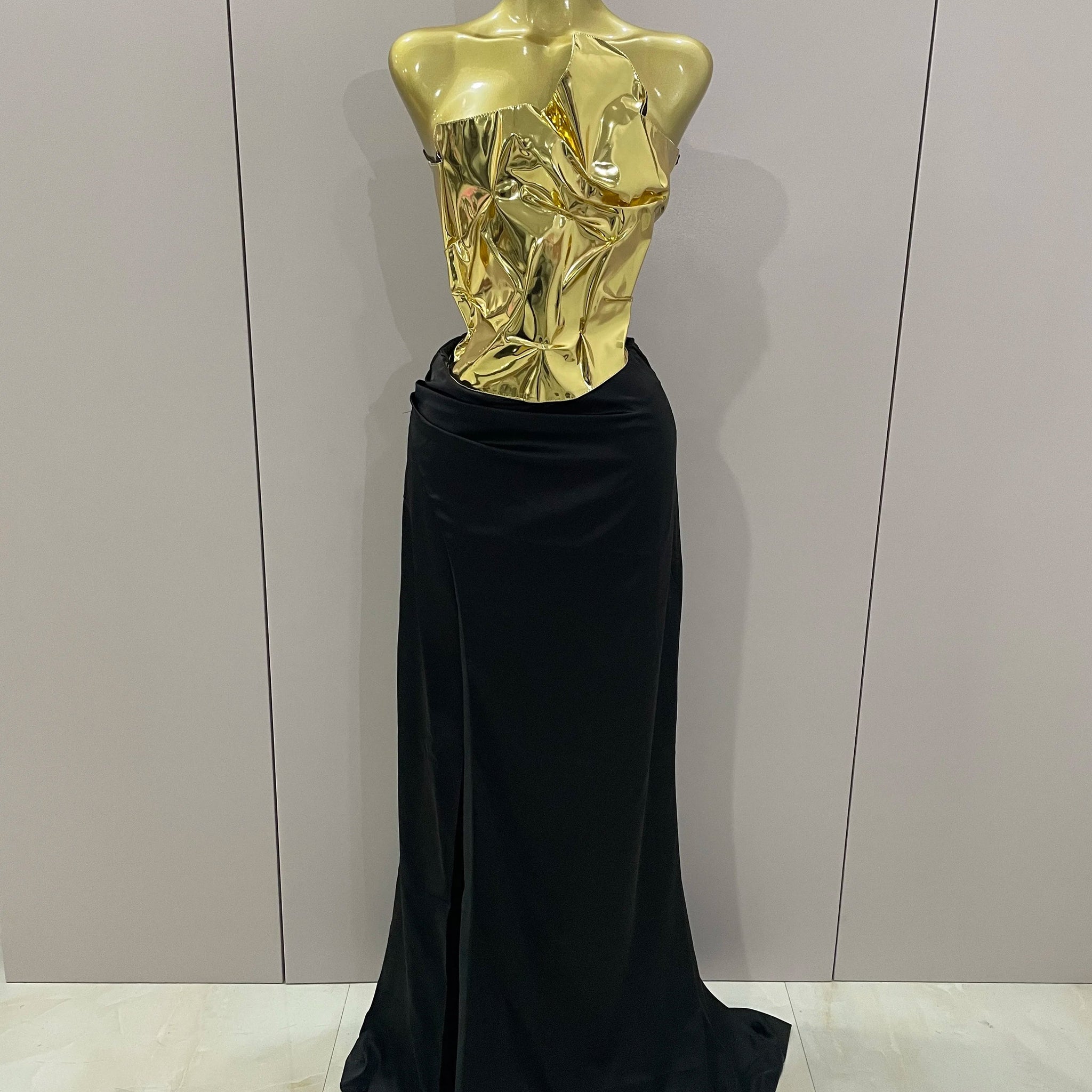 Gold Color Sexy Laced-up Tops 2 Pieces Set Long Dress Women Celebrate Evening Party Celebrity Elegant Dress Gold