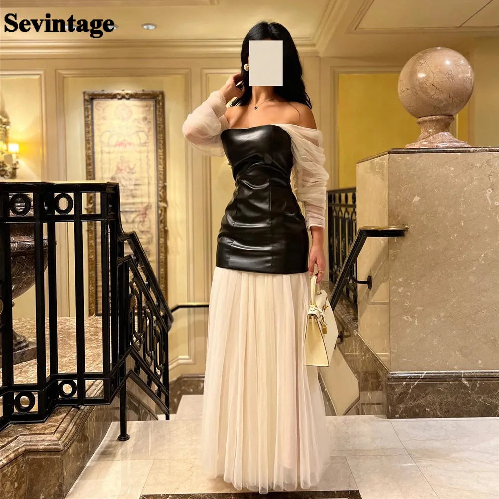 Elegant Saudi Ivory Black Prom Dress Tulle A-Line Off The Shoulder Ruched Formal Evening Dress Floor Length Party Gown