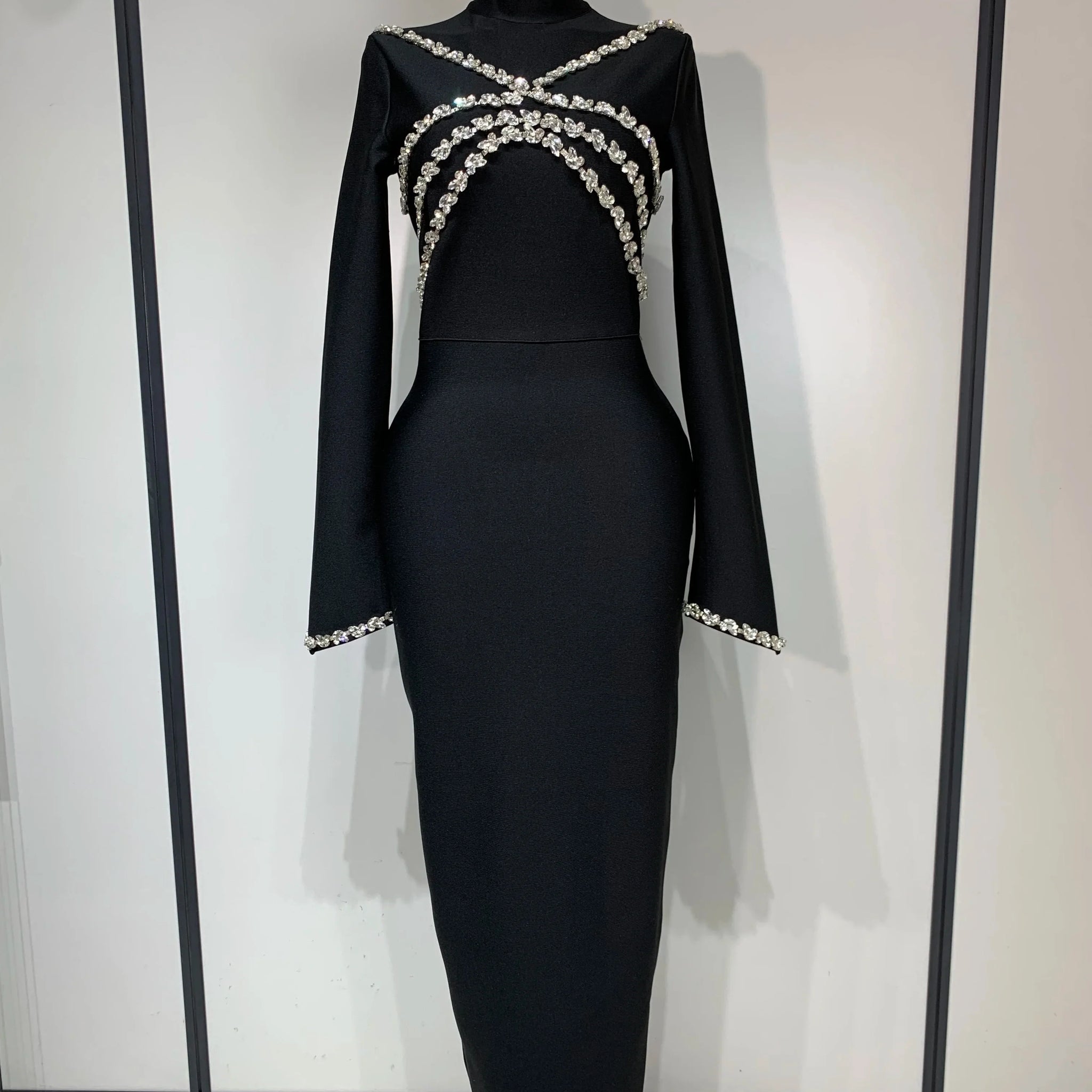 High Quality Women Long Sleeve Shinning Crystal Bodycon Long Bandage Dress Celebirty Elegant Evening Party Luxury Birthday Dress black