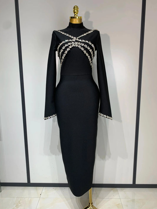 High Quality Women Long Sleeve Shinning Crystal Bodycon Long Bandage Dress Celebirty Elegant Evening Party Luxury Birthday Dress black