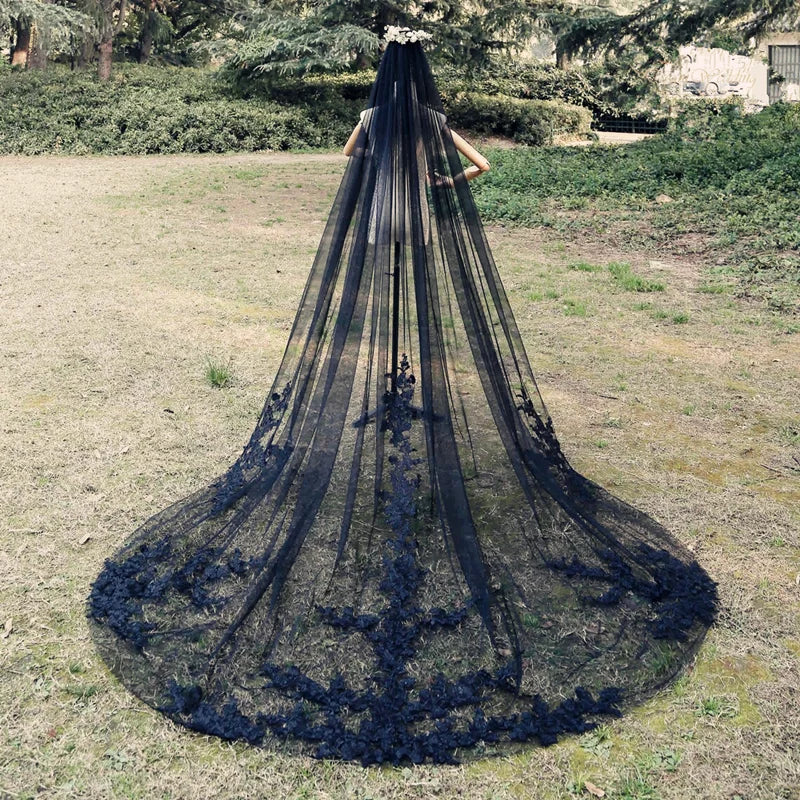 1 Layer Black Lace Wedding Veil Cathedral Length 3 Meters Bridal Veil Black 300cm