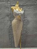 Women Sexy Strapless Shinning Crystal 2 Pieces Bodycon Mid-calf Dress Celebrate Bar Singer Performance Stage Wear