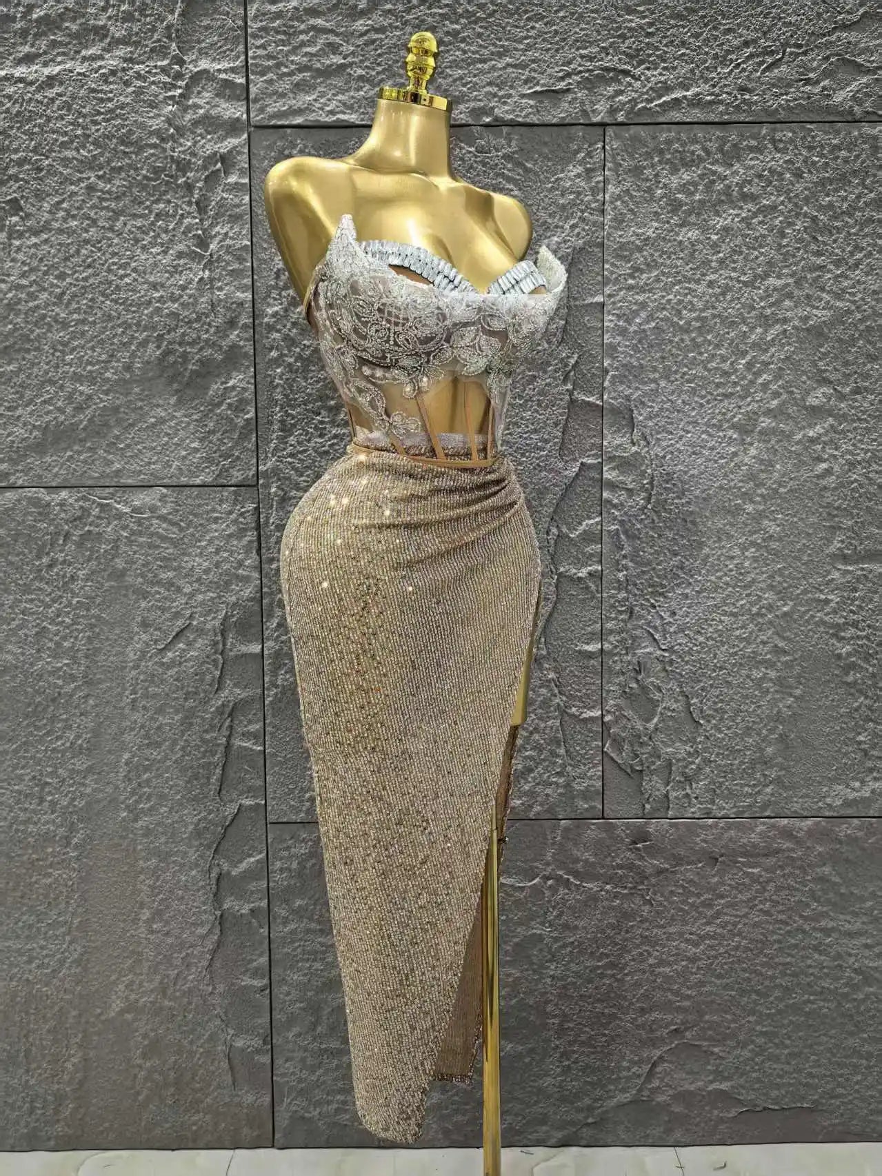 Women Sexy Strapless Shinning Crystal 2 Pieces Bodycon Mid-calf Dress Celebrate Bar Singer Performance Stage Wear