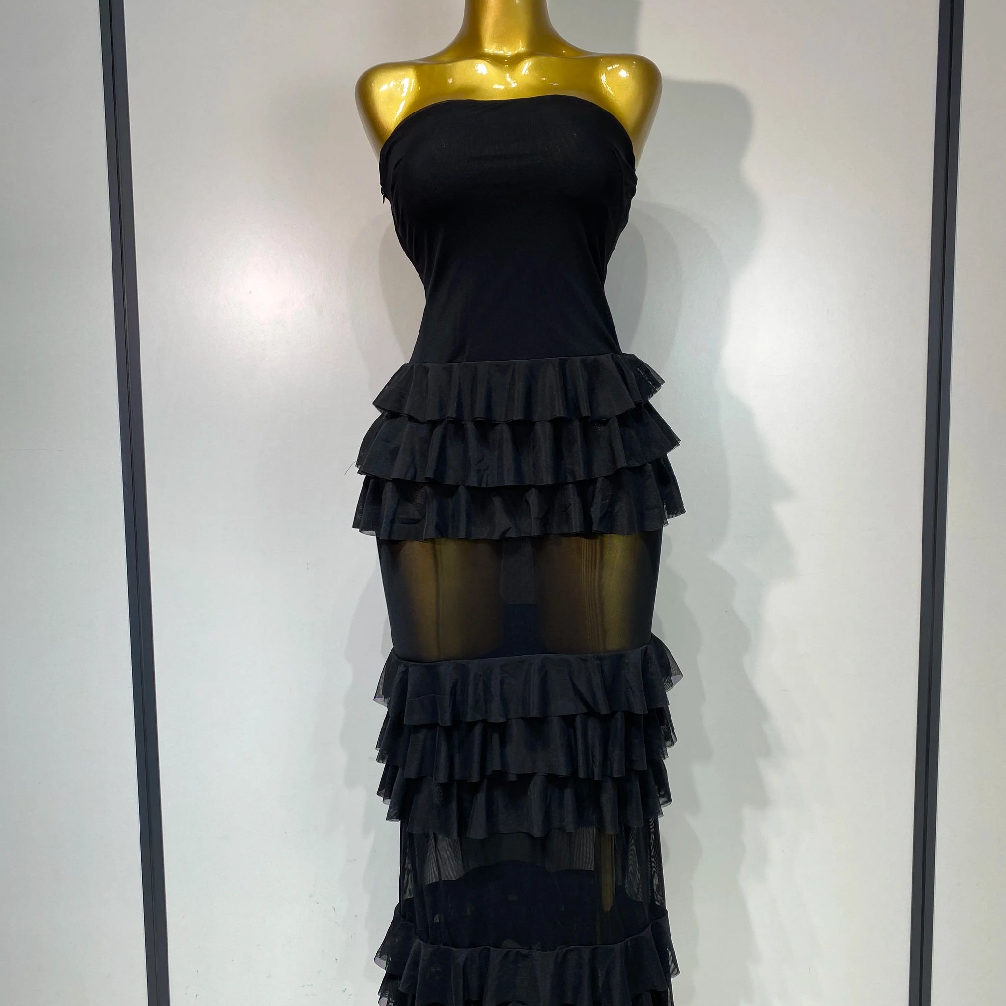 Women Sexy Strapless Ruffles Long Dress Black Backless Mesh See Through Design Dresses Evening Party Cocktail Birthday Dress black