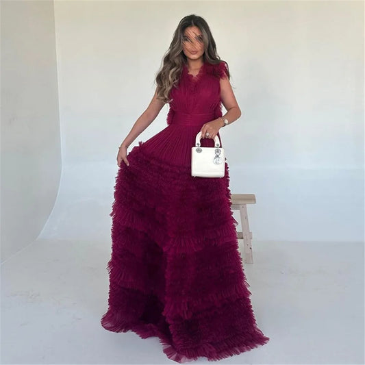 Elegant Fushia Prom Dress Tulle A-Line V-Neck Cap Sleeves Tiered Formal Evening Dress Floor Length Party Gown Fuchsia