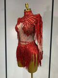 Women Sexy Elasticity Performance Dance Nightclub Rompers Singer Stage Outfit Sparkly Rhinestone Tassels Bodysuit Birthday Wear