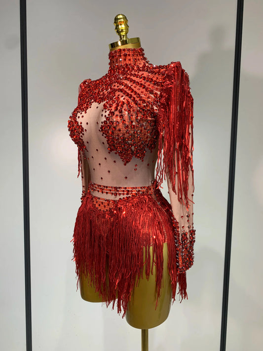 Women Sexy Elasticity Performance Dance Nightclub Rompers Singer Stage Outfit Sparkly Rhinestone Tassels Bodysuit Birthday Wear