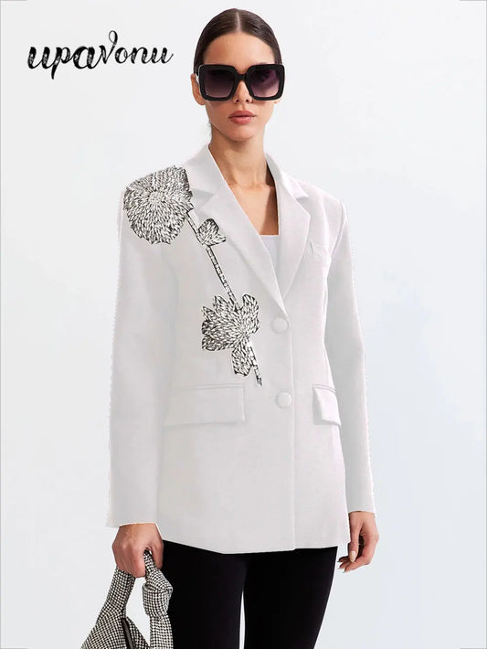 Elegant Women Office OL Blazer Polo Collar Long Sleeve Slim Fit Single breasted Stereoscopic Water Diamond Flower Suit Coat