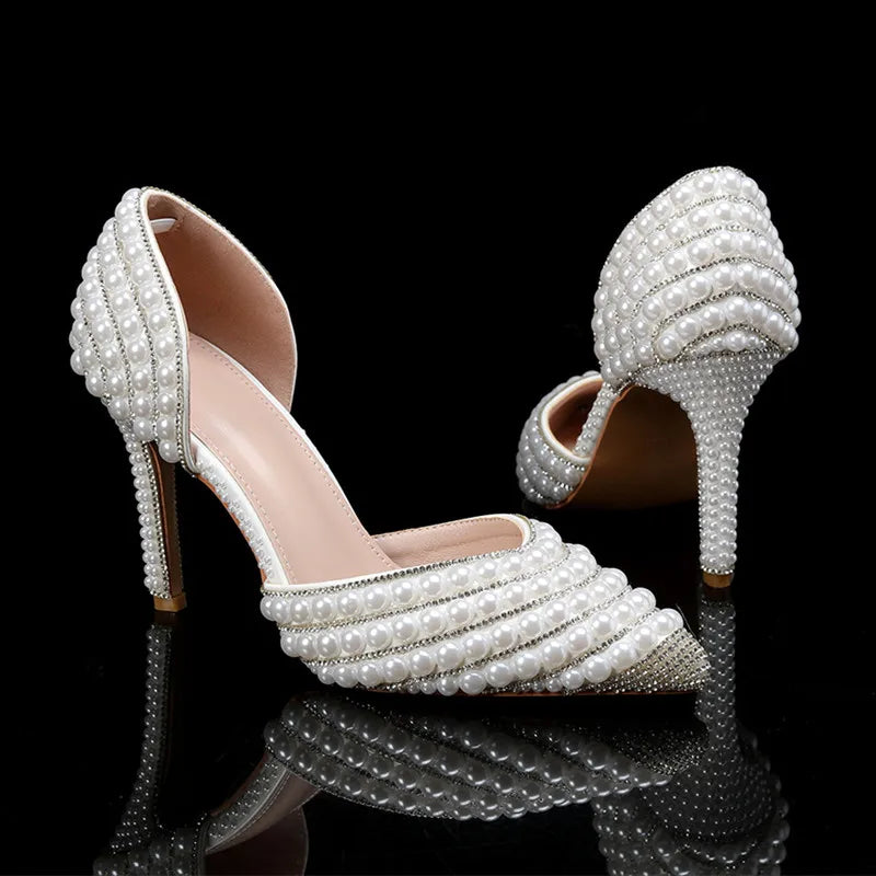 Luxury Handmade Full Pearls Rhinestones Wedding Women Pumps Elegant Pointed toe Bridal Thin High heels Fashion Party Prom Shoes