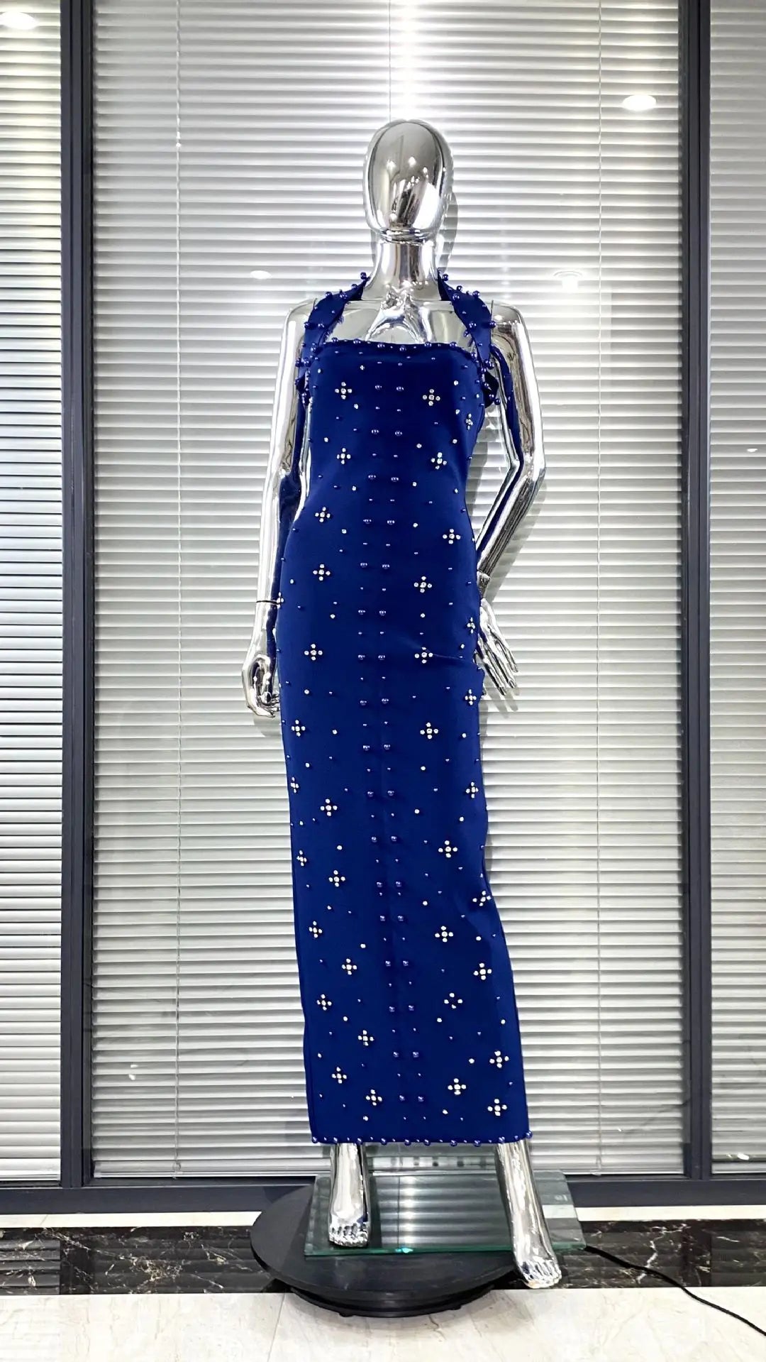 Black Rosered Women Sexy Halter Beading Bandage Bodycon Long Dress Elegant Evening Party Birthday Fashion Vacation Outfit Navy Blue