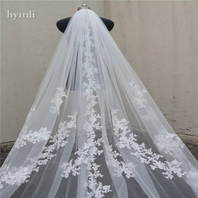 118" Long, 110" Wide 1 Layer Lace Applique Wedding Veil Cathedral Length Bridal Veil with Comb